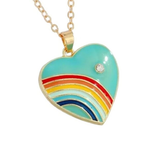 unbranded Jewelry - Heart Rainbow Pendant Turquoise Enamel with Crystal Accent on Gold Tone Chain Ne